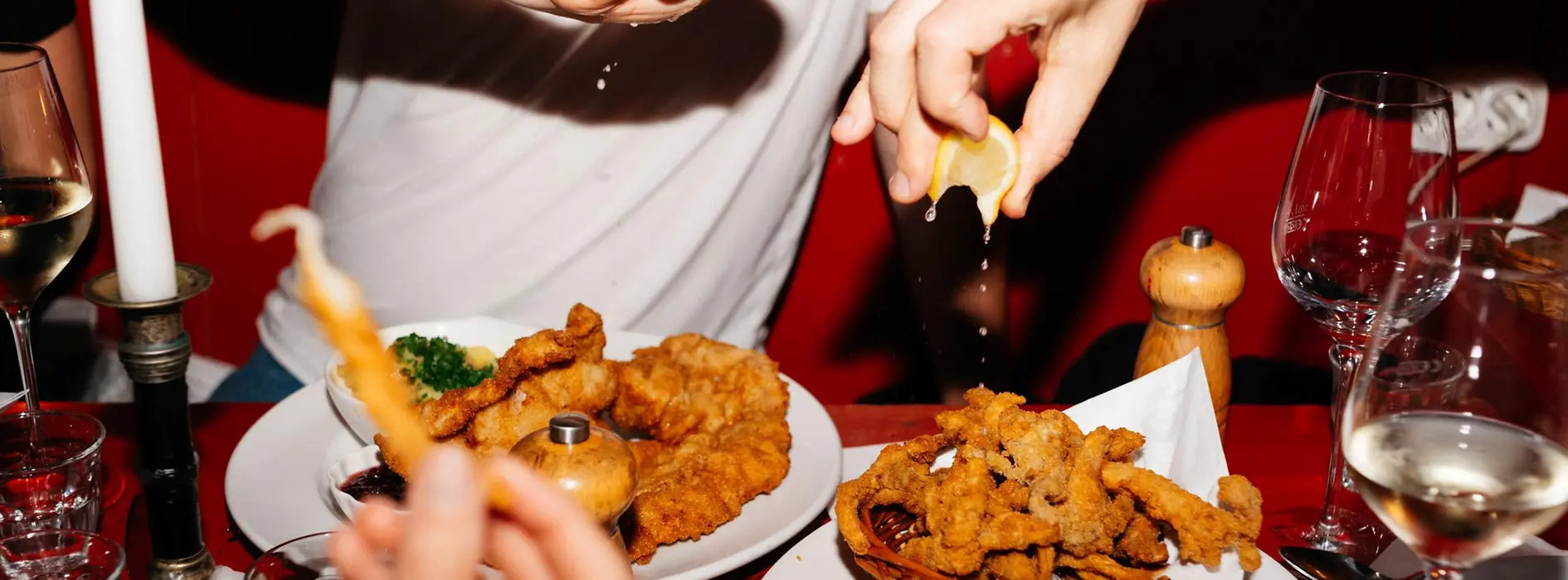 Schnitzel and fried oyster mushrooms
