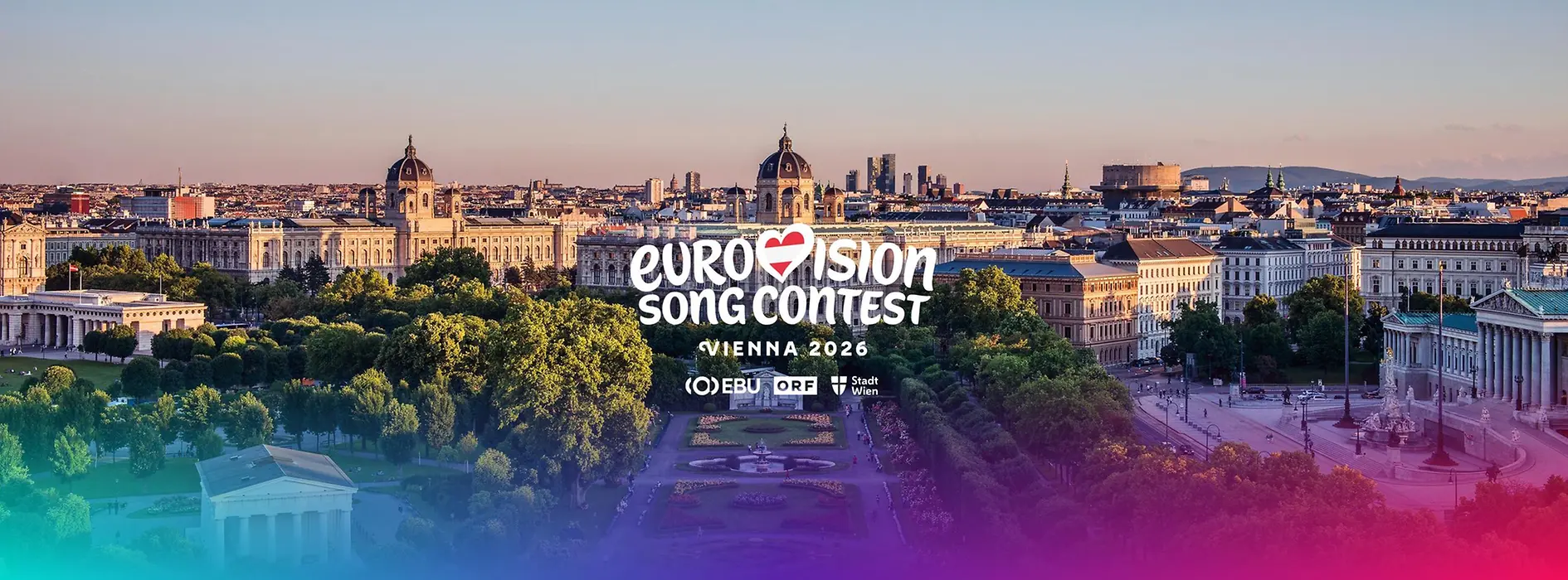 Blick über den Volksgarten mit Schriftzug "Eurovision Song Contest" und Logos von EBU, ORF und Stadt Wien