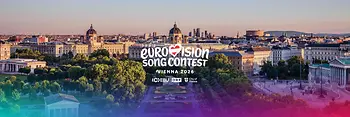 View across the Volksgarten with the “Eurovision Song Contest” lettering and the logos of EBU, ORF, and the City of Vienna