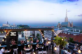 Rooftop bar in Vienna with St. Stephen’s Cathedral in the background