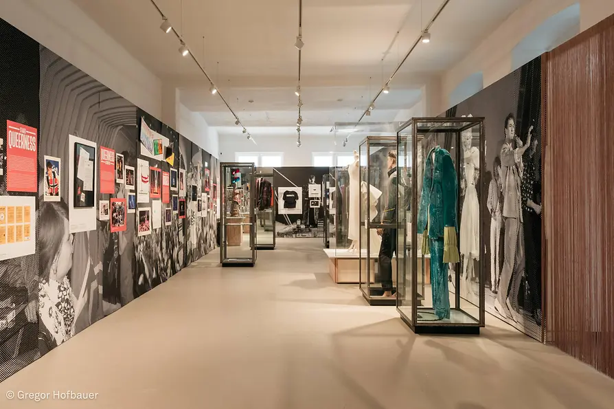 Exhibition view, United by Queerness with objects related to the Eurovision Song Contest