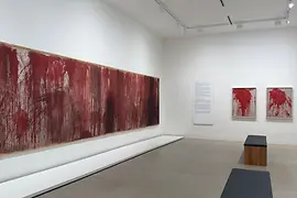 Exhibition view of the Vienna Actionism Museum featuring works by Hermann Nitsch
