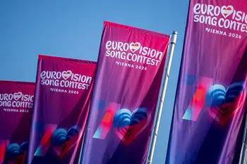 Flags featuring the Eurovision Song Contest 2026 logo in Vienna
