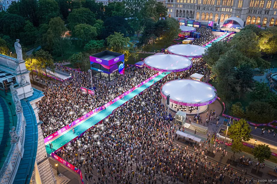 Rendering: Eurovision Village 2026 at Vienna City Hall Square