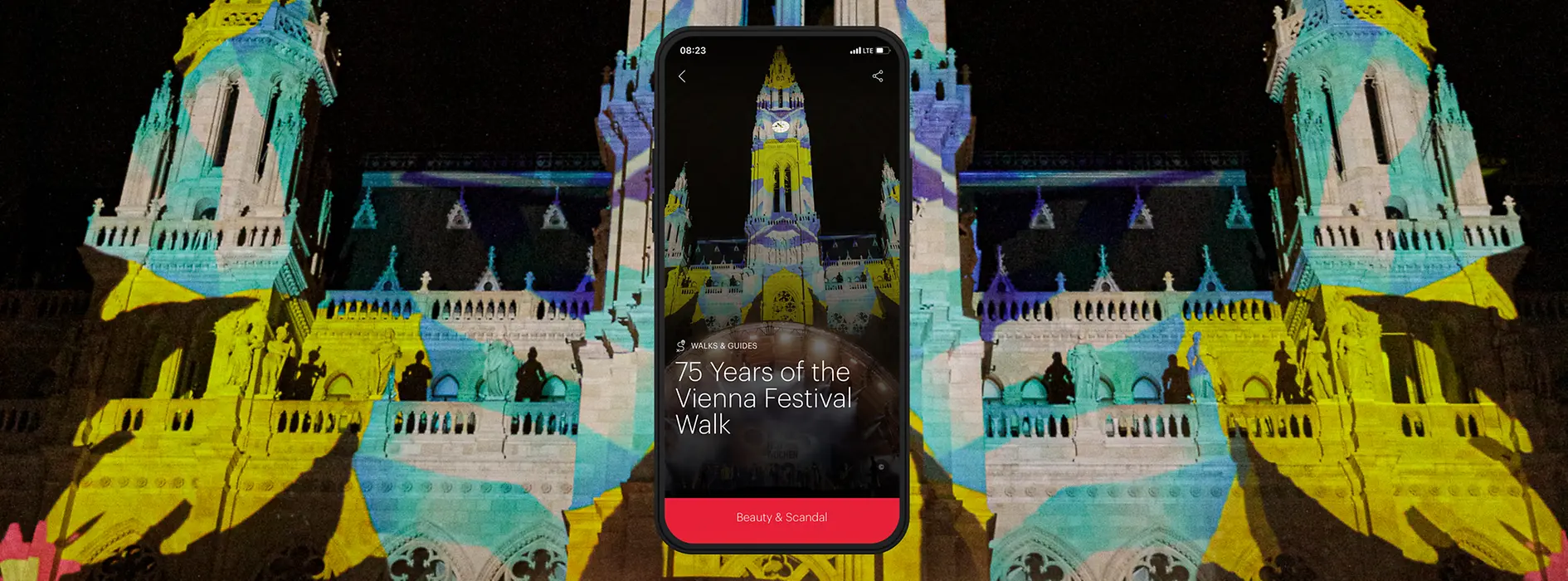 Sujet with text: 75 Years of the Vienna Festival Walk