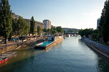 Badeschiff on the Danube Canal in sunshine