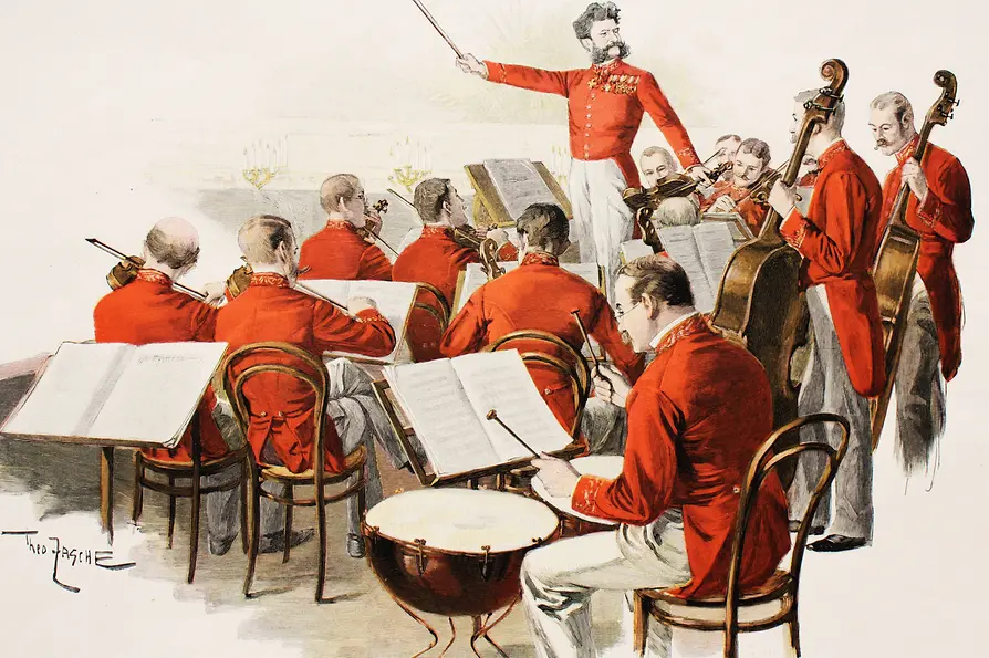 Le directeur musical du bal de la Cour Johann Strauss fils et son orchestre, dessin de Theo Zasche