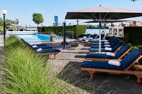 Outdoor pool with loungers