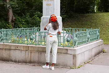 Woman in front of Beethoven monument