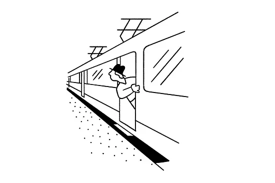 Illustration: Man looking out of a tram