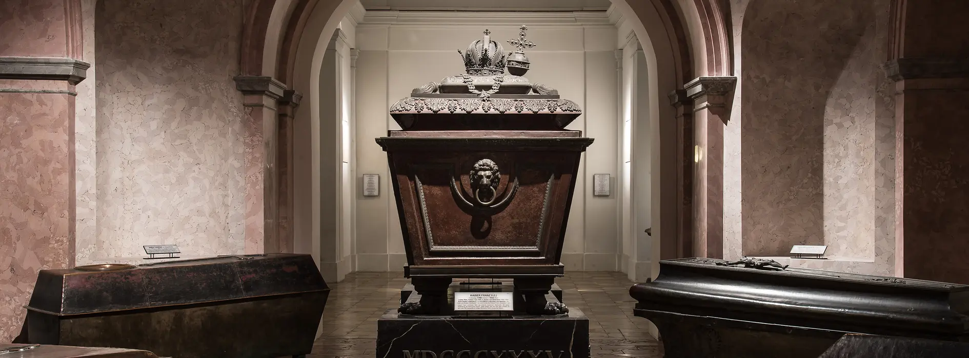 Caskets in hall, casket with crown and orb