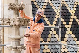Man on the roof of St. Stephen's Cathedral in a pink Manner suit 