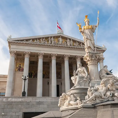 Parliament, exterior shot with the Pallas Athena fountain in the foreground 
