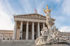 Parliament, exterior shot with the Pallas Athena fountain in the foreground 