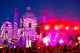 Popfest Wien, Karlsplatz, St. Charles Church, yellow and violet lights