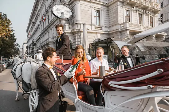 People riding in a horse-drawn carriage in Vienna