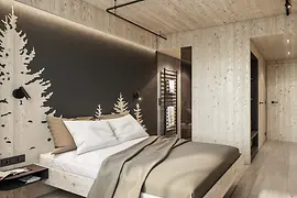 Cameră din lemn, în hotelul The Wood 