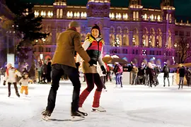 Vienna City Hall, exterior shot with Vienna Ice World 