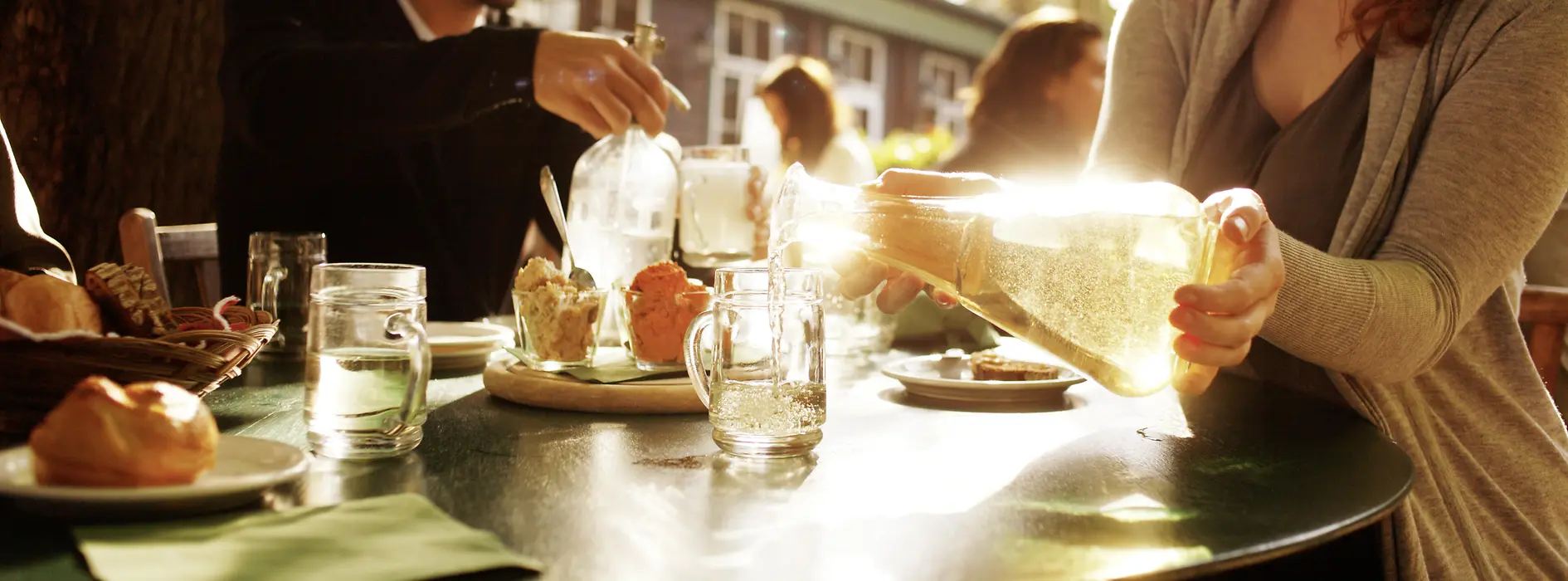 People drinking wine in the garden of a Viennese Heurigen