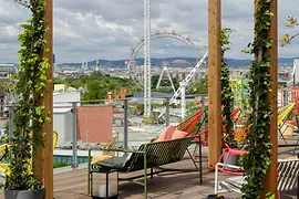 Zoku Vienna, Kindred Spirits Rooftop Bar, terrace, view of the Prater