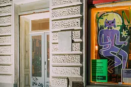 Colorfully painted entrance door and windows