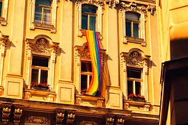 Carmelite quarter, Pride flag hangs out of the window