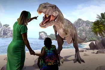 Woman and child in front of a virtual dinosaur