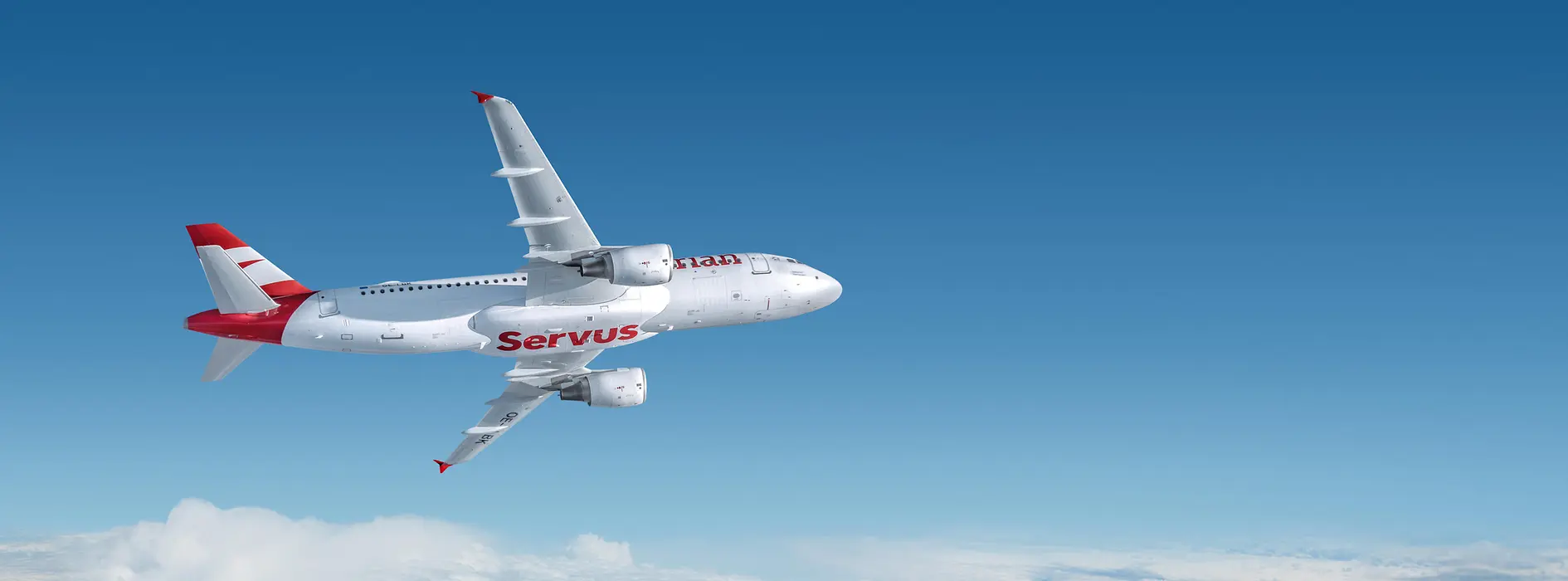 White aircraft with Austrian Airlines’ red “Servus” marking flying above the clouds
