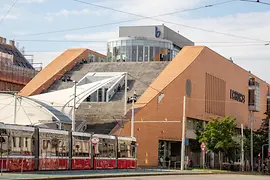Vienna’s Main Library at Urban-Loritz-Platz with a tram in the foreground.