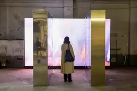 Exposición de la Semana del Diseño de Viena Mujer frente a una pantalla brillante