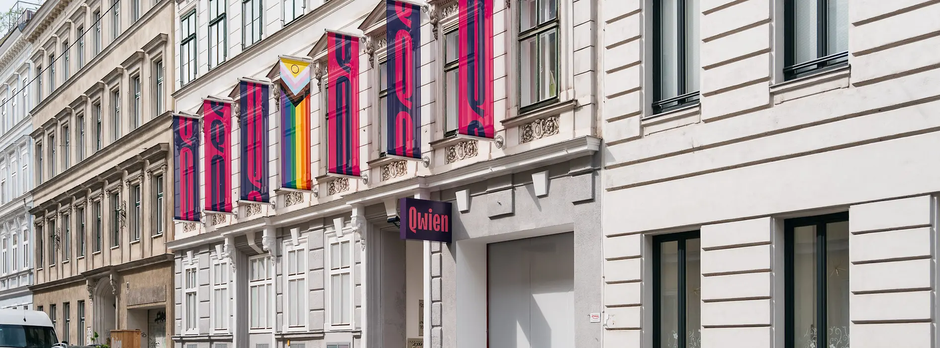 View from outside of Qwien with flags